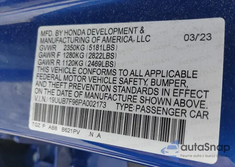 2023 Acura Tlx Type S - Hp Wheel And Tire из США, поврежденный, VIN 19UUB7F96PA002173